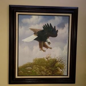 VINTAGE OIL ON CANVAS PAINTING SIGNED BY W. AMADIO 27X31 FRAMED BALD EAGLE LANDI
